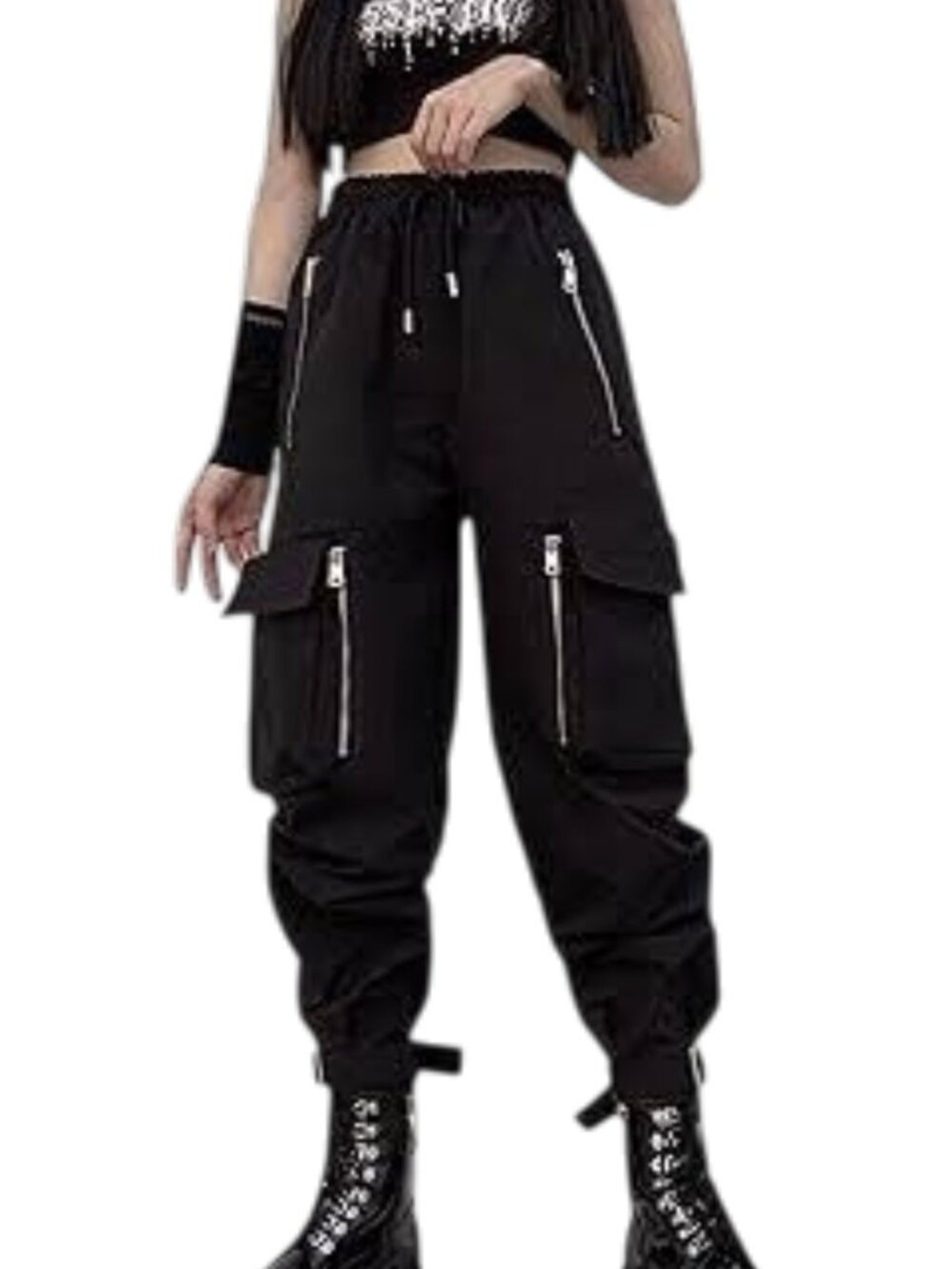 MEINVQIAOTI Womens Black Cargo Pants Size L Punk Goth Multi Zip Pocket Baggy